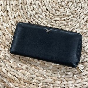 Fossil zip black leather long card wallet